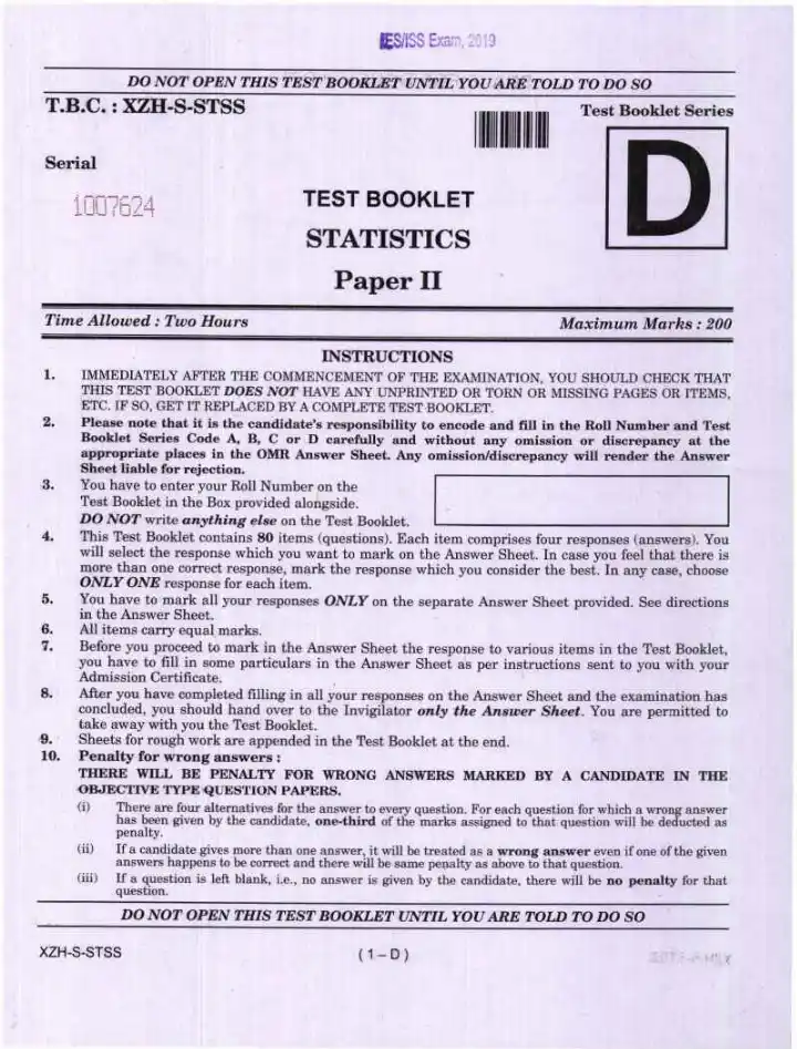 UPSC IES ISS 2019 Statistics Paper II question paper page 1 instructions scan PDF download