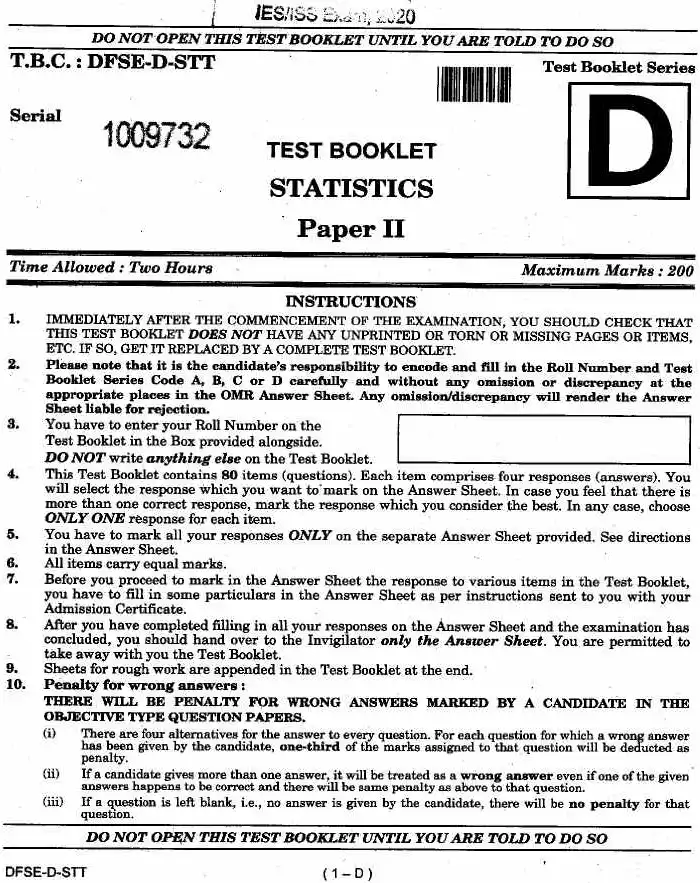IES ISS 2020 Statistics Paper II question paper page 1 instructions scan PDF download UPSC