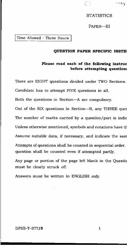 IES ISS 2020 Statistics Paper III question paper page 1 instructions scan PDF download UPSC