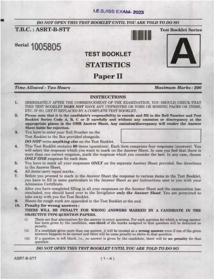 UPSC IES ISS 2023 Statistics Paper II question paper page 1 instructions and exam header scan PDF download
