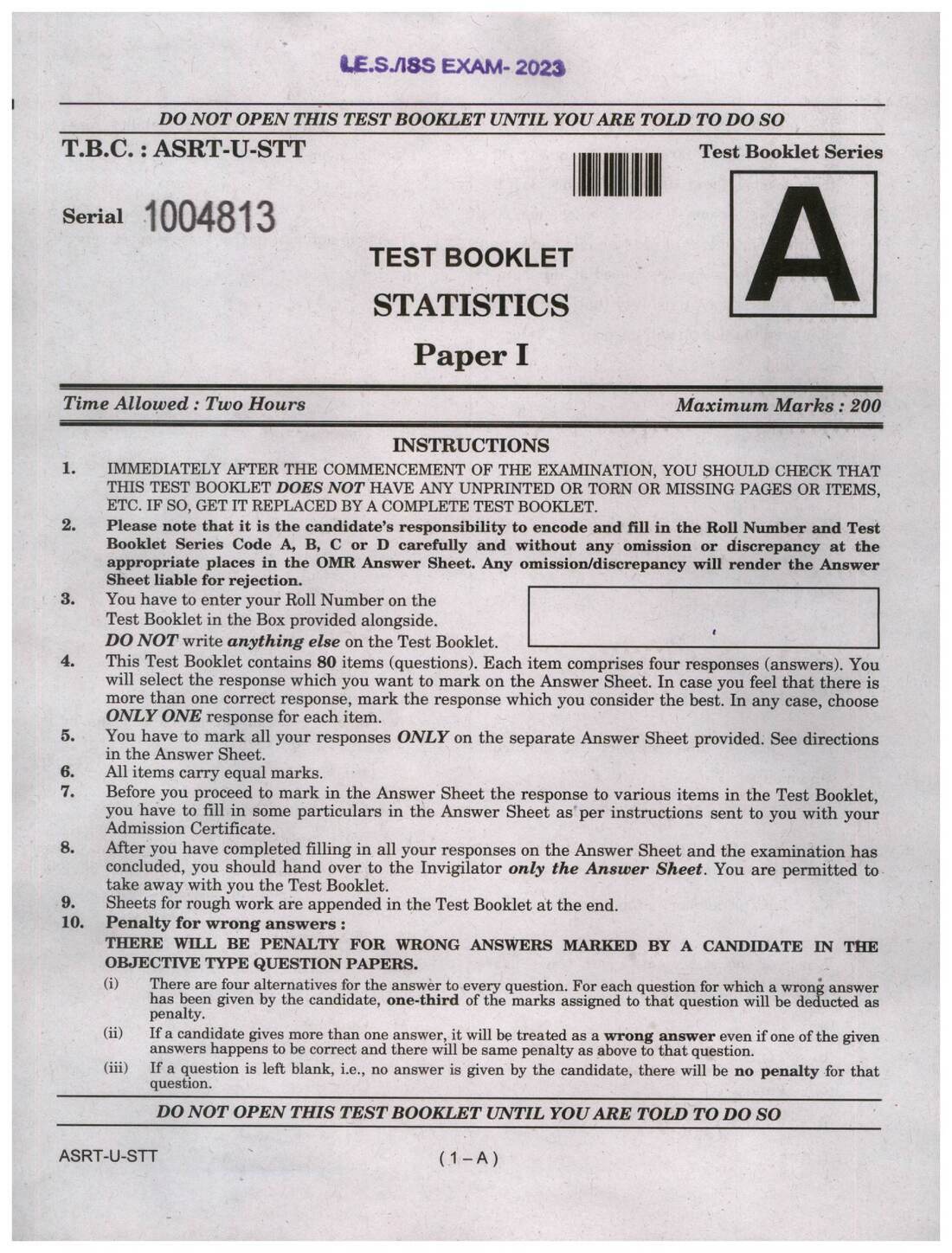 IES/ISS Exam 2023 Statistics Paper I UPSC question paper page 1 instructions scan PDF download