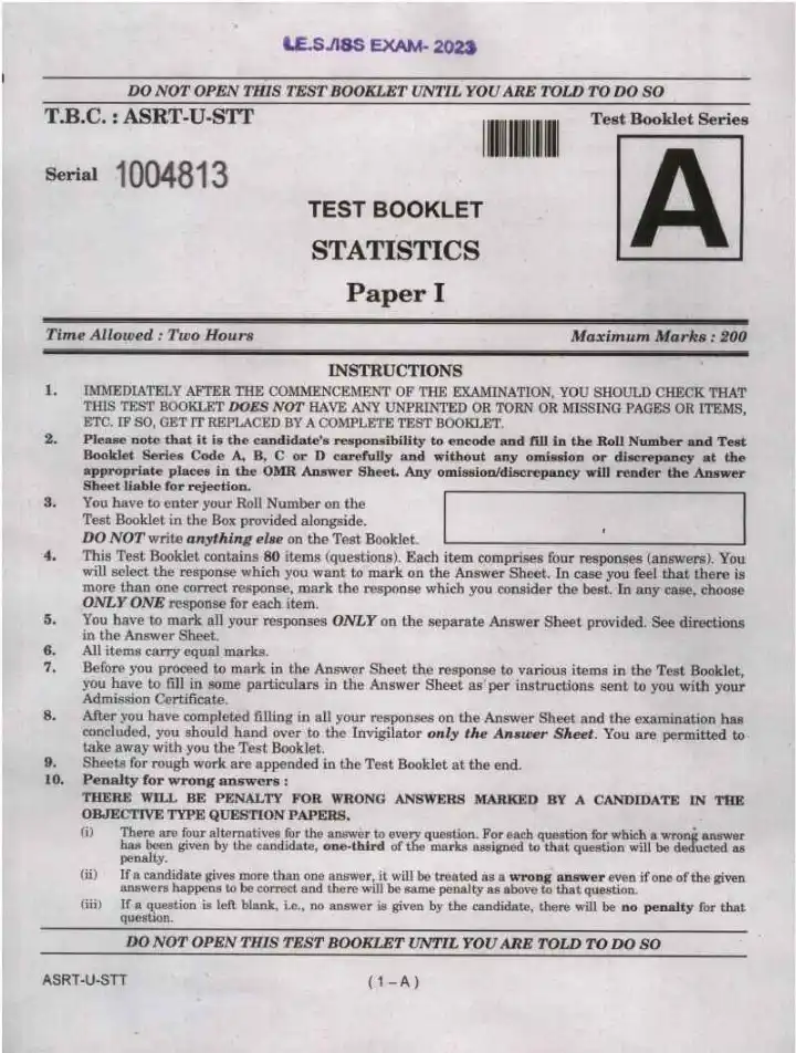 IES/ISS Exam 2023 Statistics Paper I UPSC question paper page 1 instructions scan PDF download