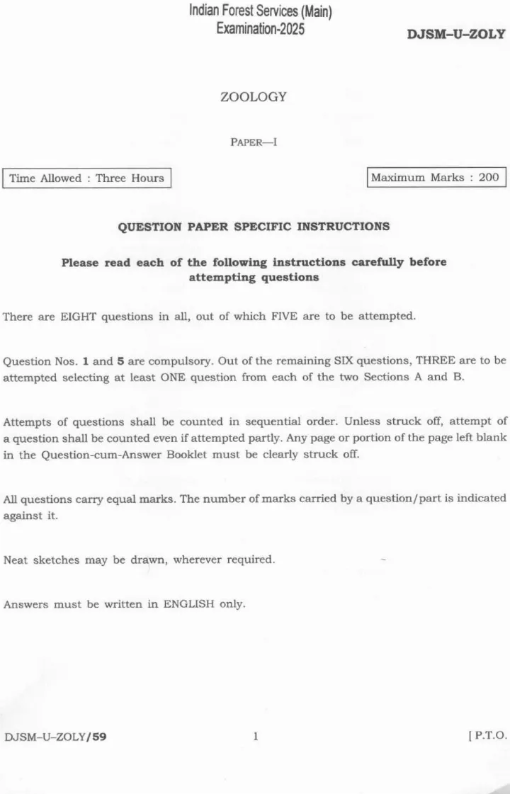 UPSC IFS Zoology Paper I 2025 — page 1 instructions scan PDF download