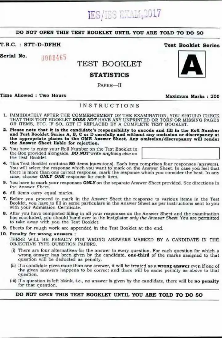 UPSC IES ISS 2017 Statistics Paper II question paper page 1 instructions scan PDF download