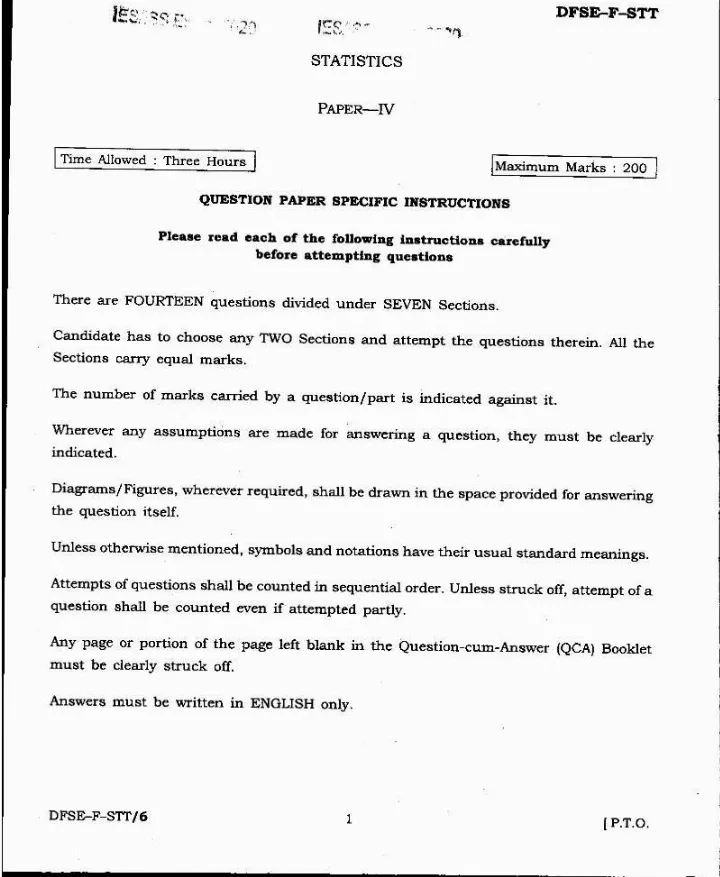 UPSC IES ISS 2020 Statistics Paper IV question paper page 1 scan, showing exam header and specific instructions for candidates. PDF download available.