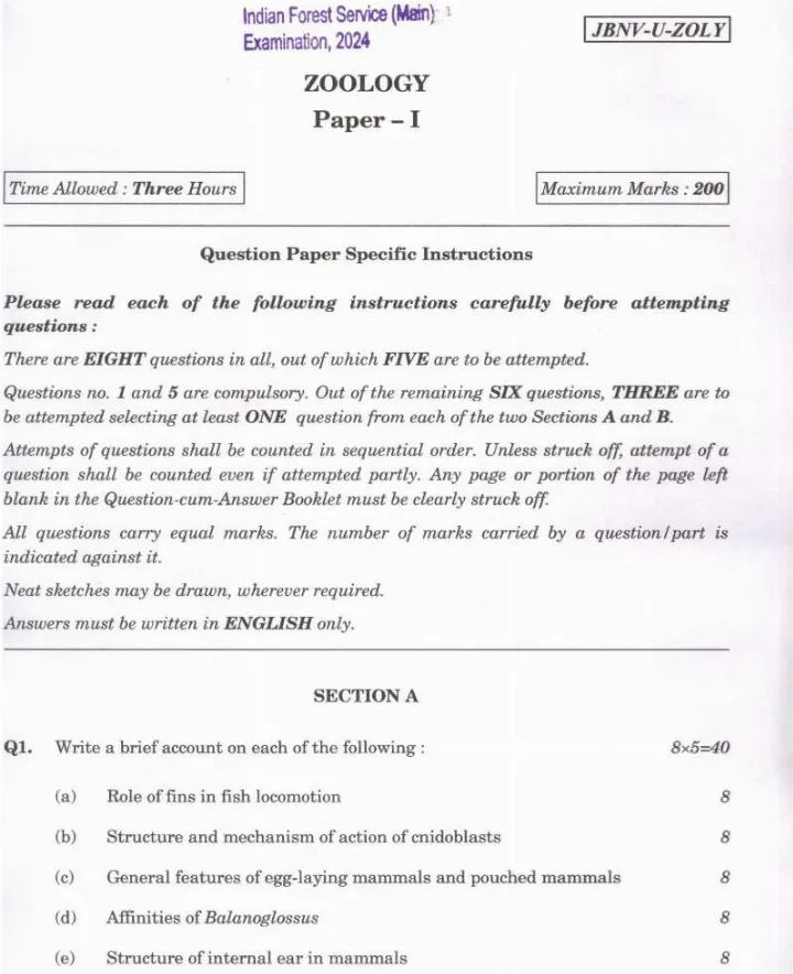 UPSC IFS 2024 Zoology Paper I question paper page 1 instructions scan PDF download. Indian Forest Service Main Examination 2024.