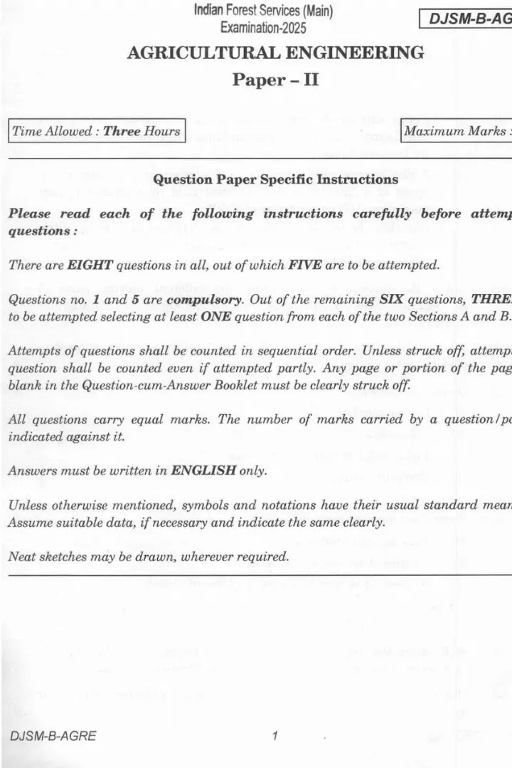 UPSC IFS Main 2025 Agricultural Engineering Paper II question paper page 1 instructions scan PDF download