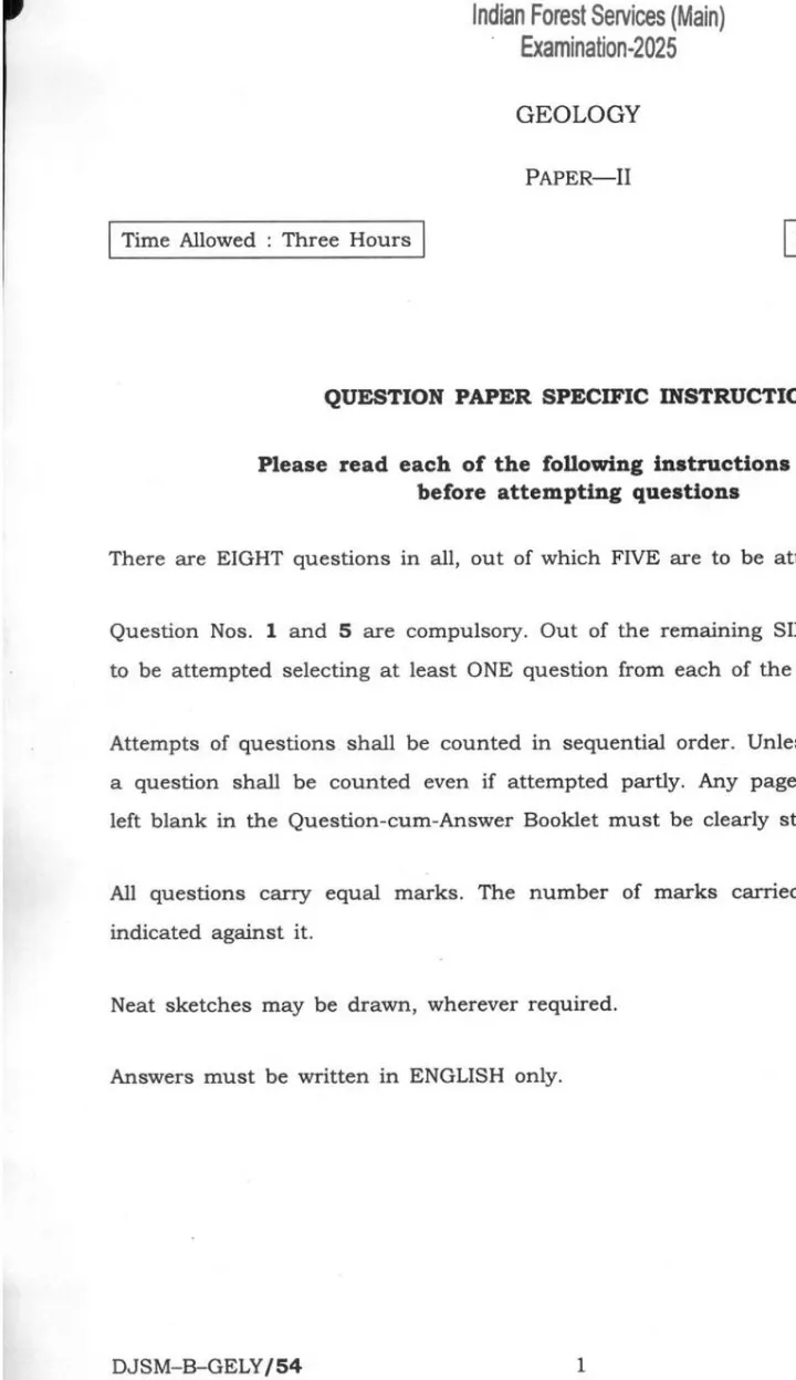 UPSC Indian Forest Service Main 2025 Geology Paper II question paper page 1 instructions scan PDF download. Includes exam instructions and paper details.