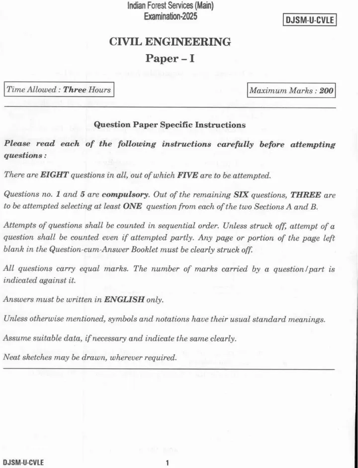 UPSC Indian Forest Service (Main) Examination 2025 — I Question Paper PDF Download — page 1 instructions scan PDF download
