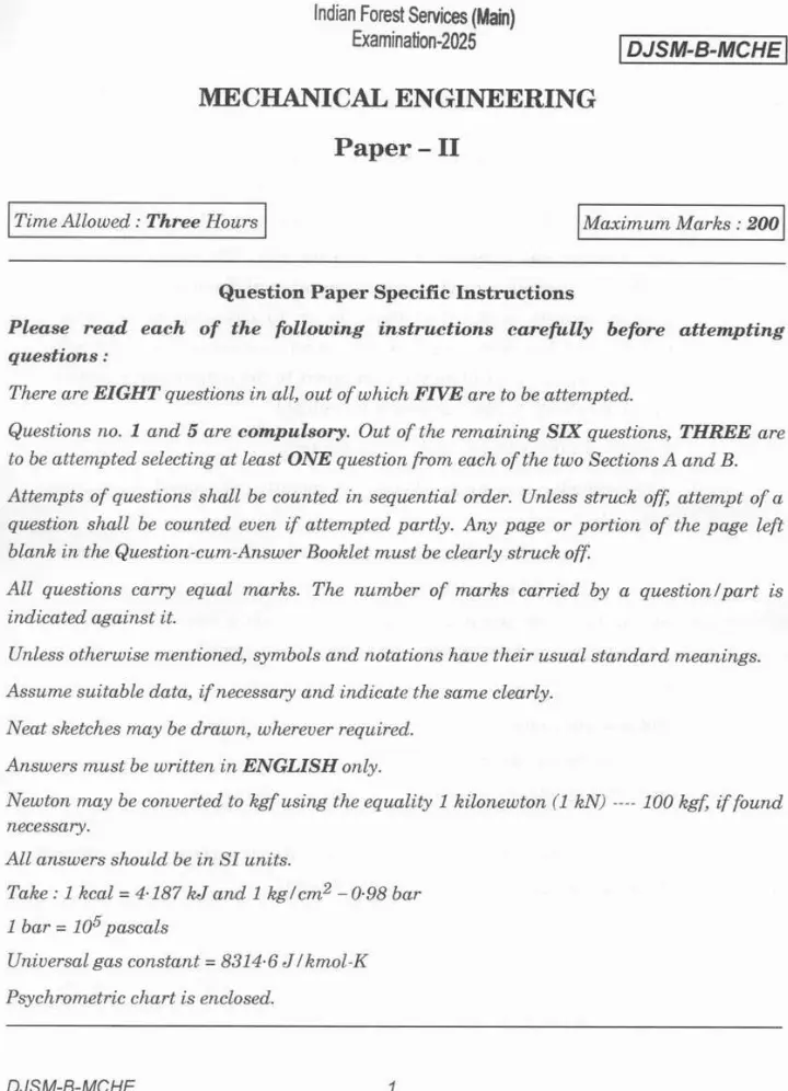 UPSC IFS 2025 Mechanical Engineering Paper II page 1 instructions scan PDF download. Indian Forest Service Main Examination 2025 question paper.