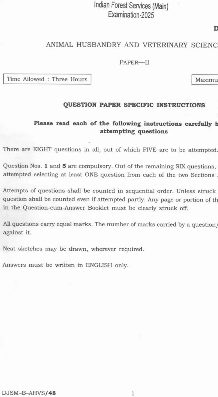 AHVS Paper II UPSC IFS 2025 — page 1 instructions scan PDF download