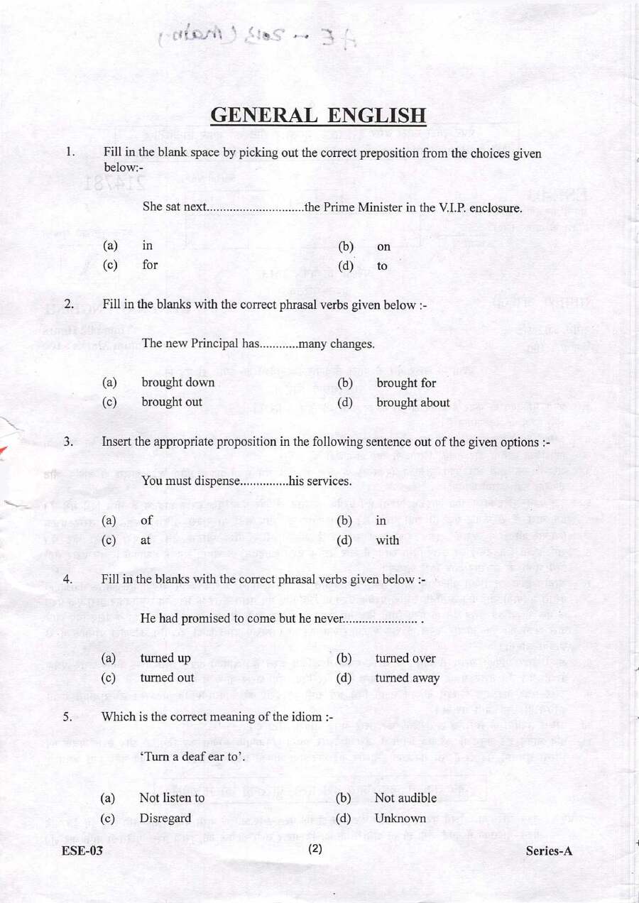Uttarakhand AE Exam 2013 - General English Question Paper — page 1 instructions scan PDF download