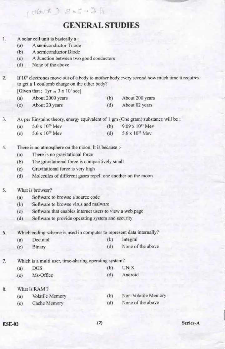 Uttarakhand AE 2013 General Studies question paper page 1 instructions scan PDF download