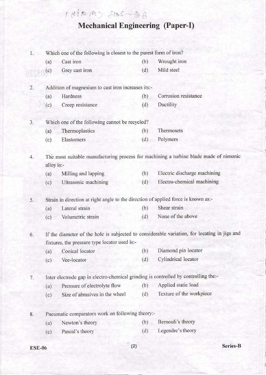 UKPSC Assistant Engineer Mechanical Engineering Paper-I 2013 question paper page 1 scan PDF download, showing exam instructions and header.