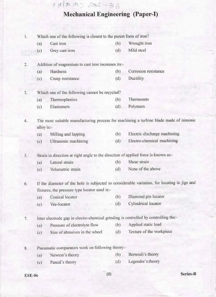 UKPSC Assistant Engineer Mechanical Engineering Paper-I 2013 question paper page 1 scan PDF download, showing exam instructions and header.