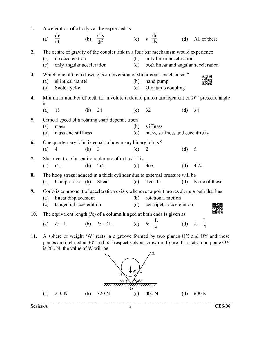 UK CES-06 Mechanical Eng Paper I 2022 (Question Paper) — page 1 instructions scan PDF download
