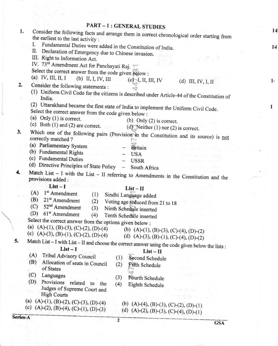 UKPSC Lower Subordinate 2025 General Studies & General Aptitude question paper page 1 instructions scan PDF download
