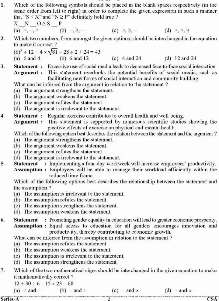 UKPSC Combined State Civil/Upper Subordinate Services Exam 2024 General Aptitude Test Paper 2 question paper page 1 instructions scan PDF download