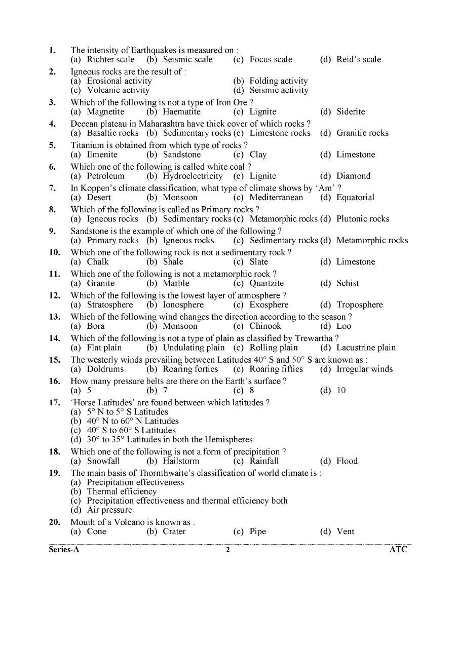 Geography GK MCQ 2024 Uttarakhand Lab Assistant — page 1 instructions scan PDF download