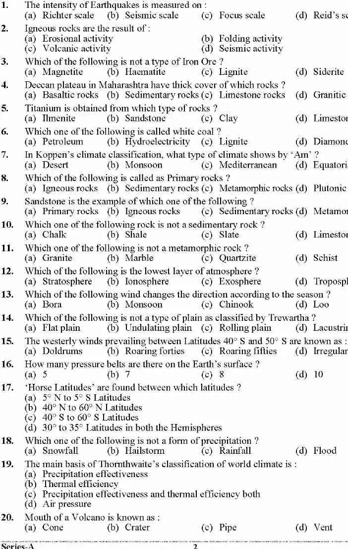Geography GK MCQ 2024 Uttarakhand Lab Assistant — page 1 instructions scan PDF download