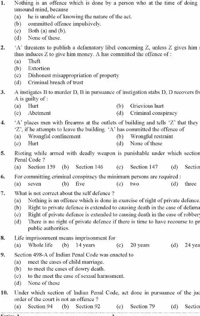 OCR scan page 1 of APO 2021 question paper showing MCQs from General Studies and Law