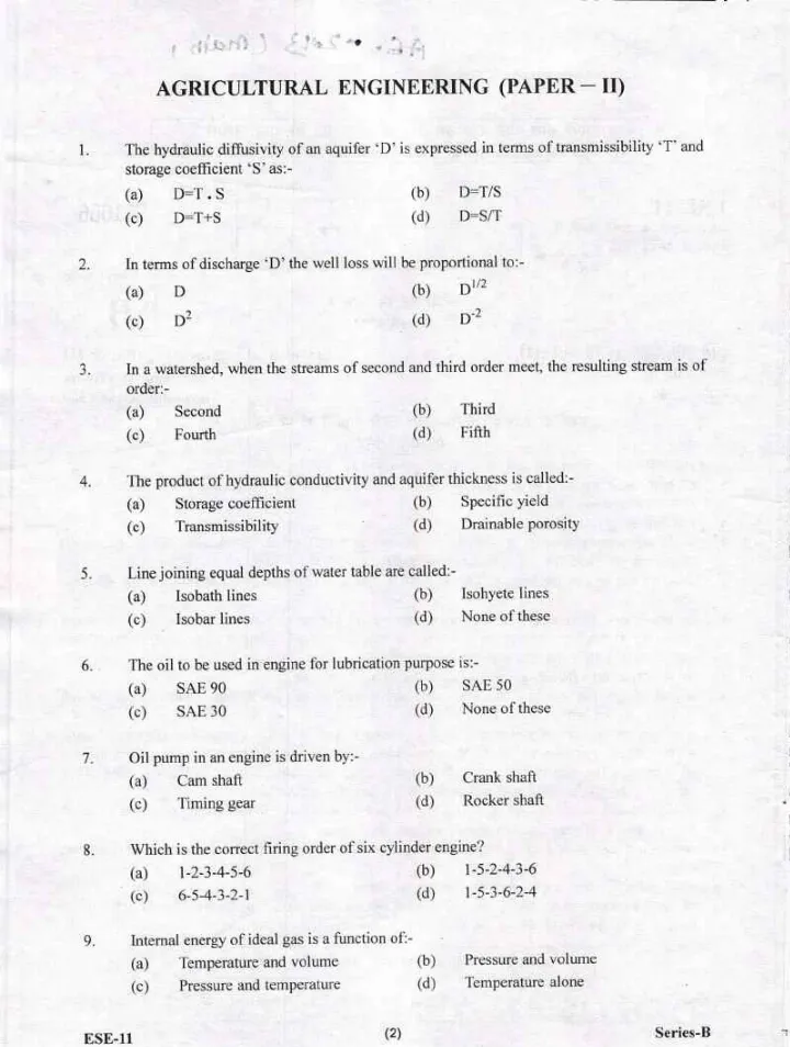 Agricultural Eng Paper-II 2013 Uttarakhand AE — page 1 instructions scan PDF download