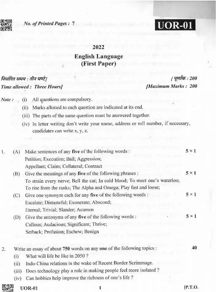 Hindi & English Language Mains Paper 2023 - Advocate General's Office — page 1 instructions scan PDF download