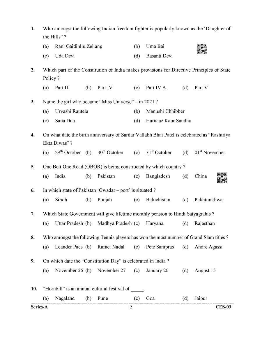 General Studies 2022 Question Paper – Uttarakhand CES-03 — page 1 instructions scan PDF download