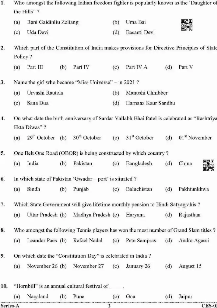 General Studies 2022 Question Paper – Uttarakhand CES-03 — page 1 instructions scan PDF download