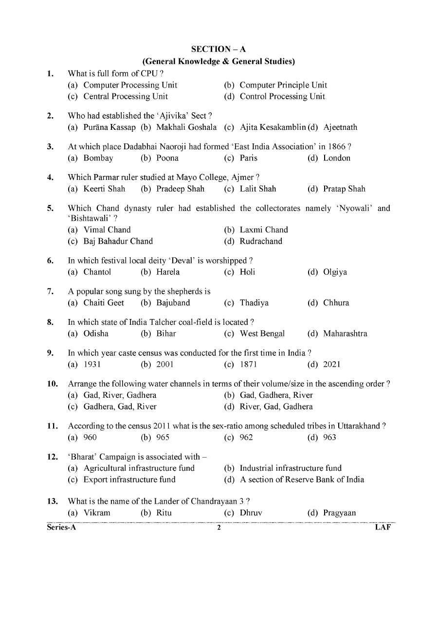 UKPSC Uttarakhand Lab Assistant General Knowledge Page 1 Instructions 2024 exam PDF