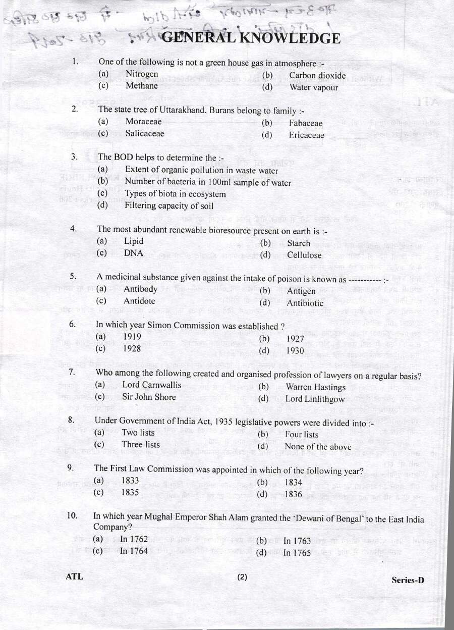Uttarakhand High Court ARO/Assistant Librarian/Translators/Typist Exam 2014 General Knowledge question paper page 1 instructions scan PDF download