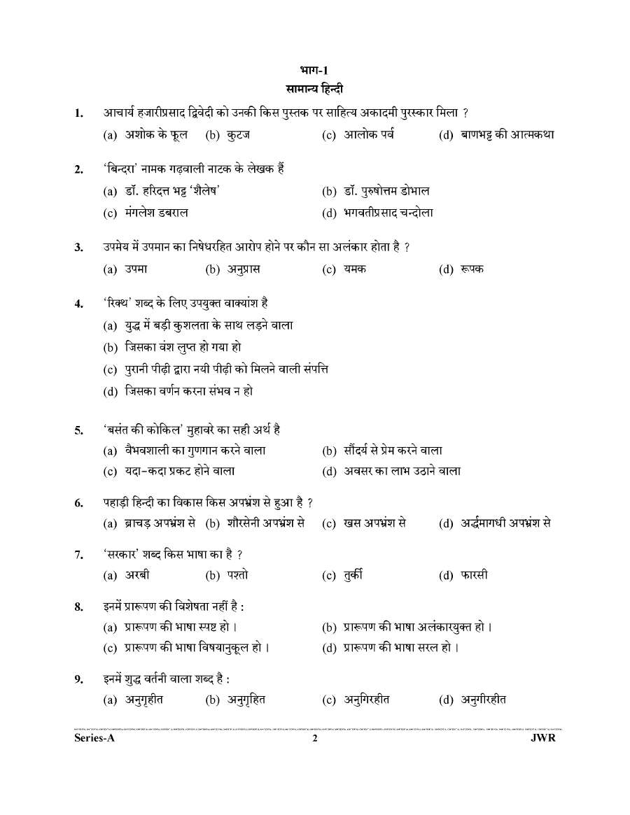 Uttarakhand Jail Warder Recruitment Exam 2023 General Hindi GK question paper page 1 instructions scan PDF download UKPSC