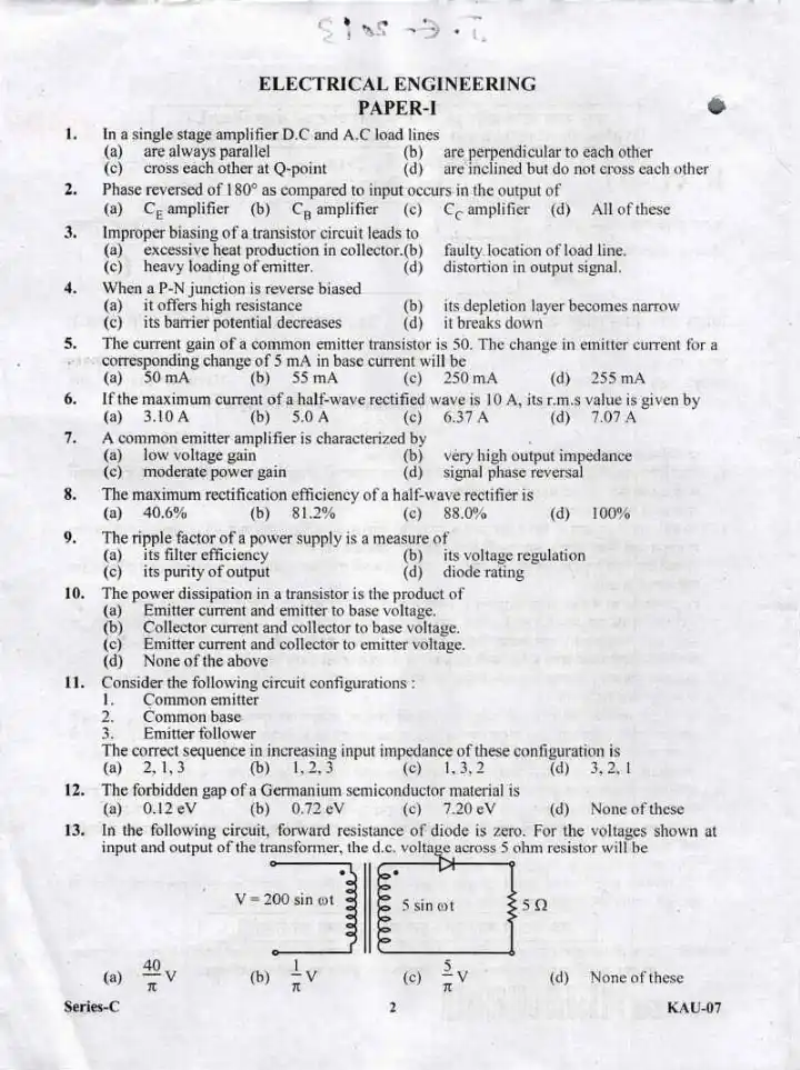 UKPSC JE Electrical Engineering Paper I 2013 question paper page 1 instructions scan PDF download Uttarakhand Junior Engineer Exam