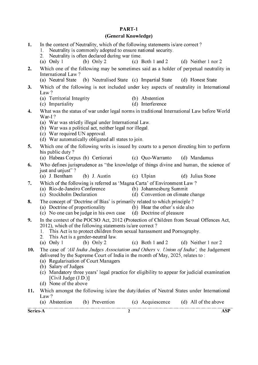 UKPSC Uttarakhand Judicial Service Civil Judge 2025 General Knowledge & Act and Laws question paper page 1 instructions scan PDF download