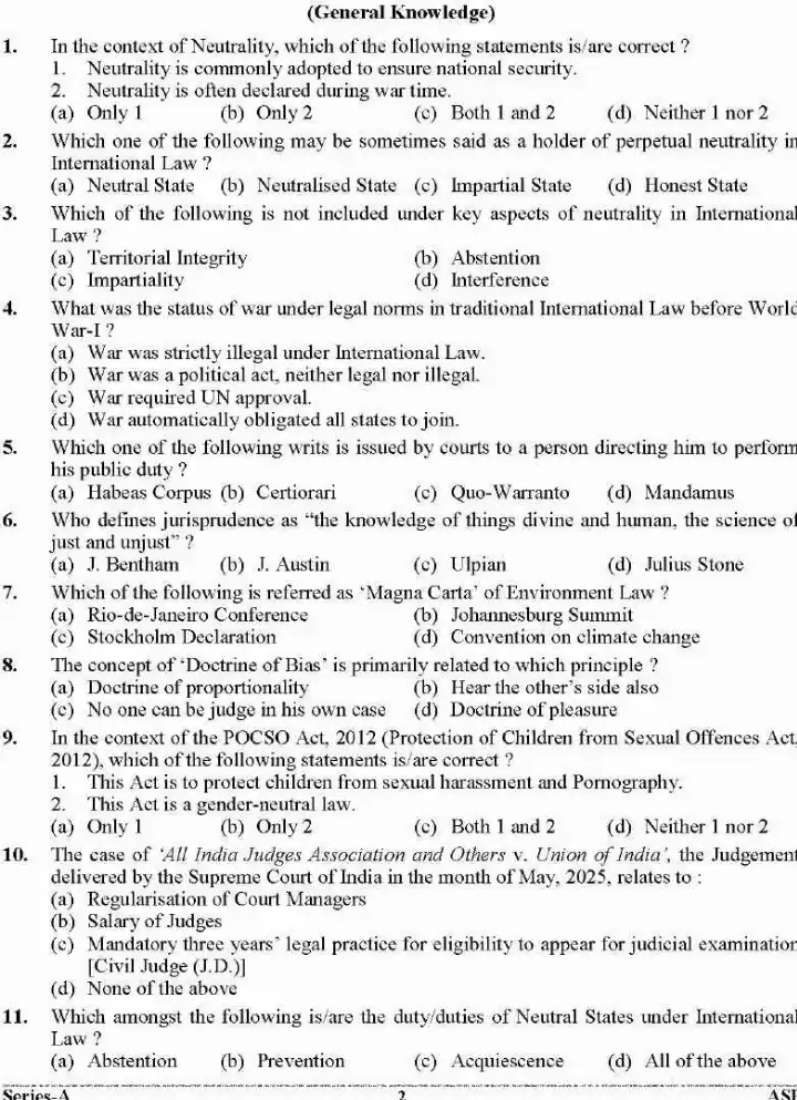 Uttarakhand Judicial Service Civil Judge 2025 General Knowledge & Act and Laws question paper page 1 instructions scan PDF download