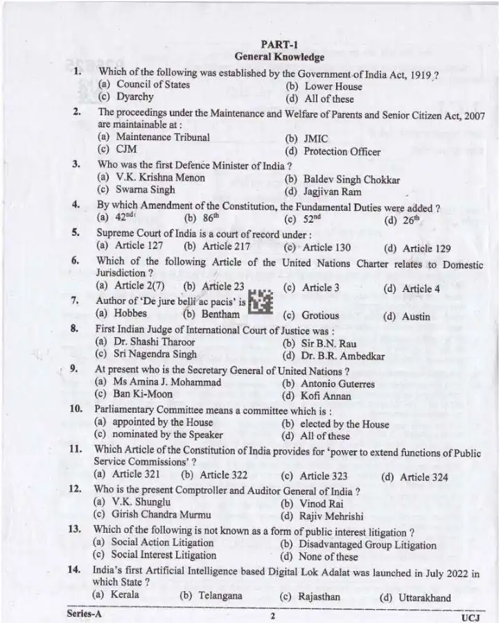 UKPSC Uttarakhand Judicial Service Civil Judge Examination 2023 General Knowledge question paper page 1 instructions scan PDF download