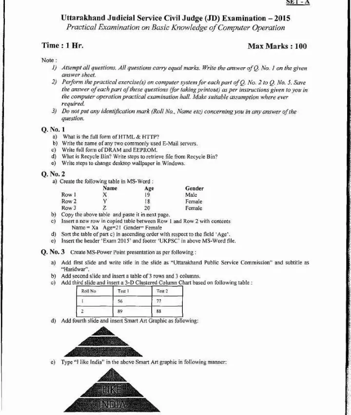Uttarakhand Judicial Service Civil Judge (JD) 2015 Computer Operation Practical Exam question paper page 1 instructions scan PDF download
