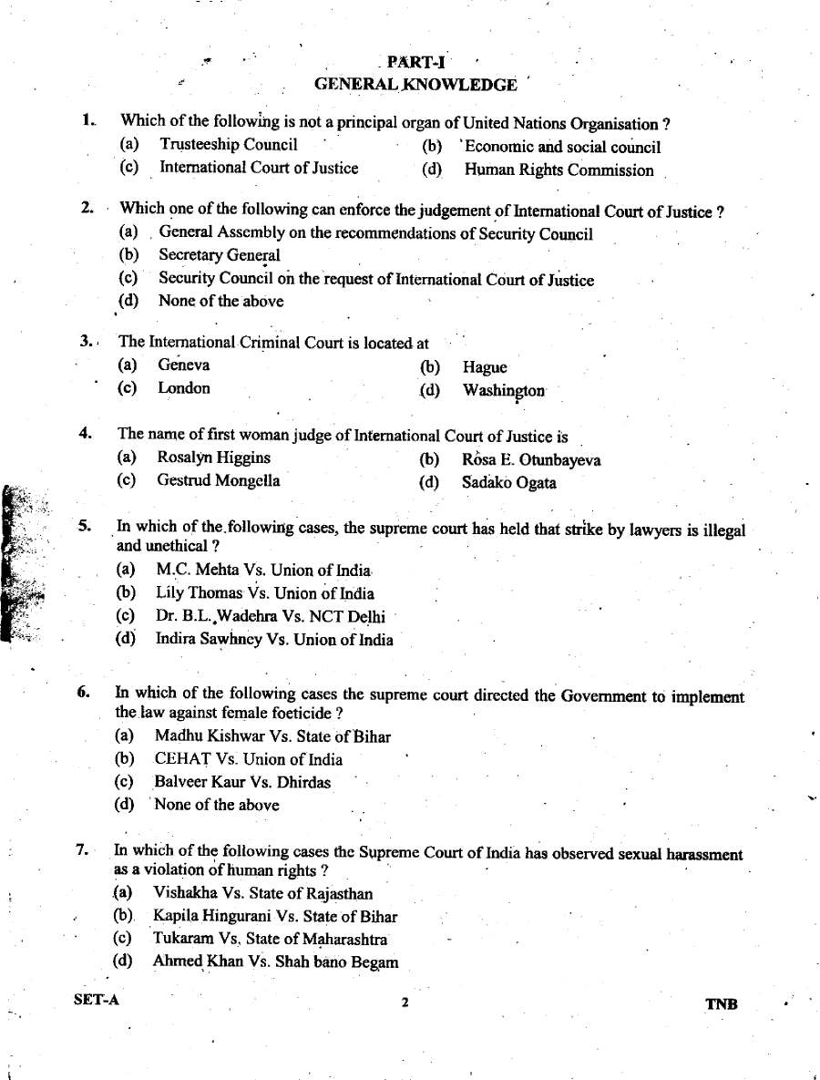 Uttarakhand Judicial Service Civil Judge Junior Division Exam 2008 General Knowledge & Law question paper page 1 instructions scan PDF download