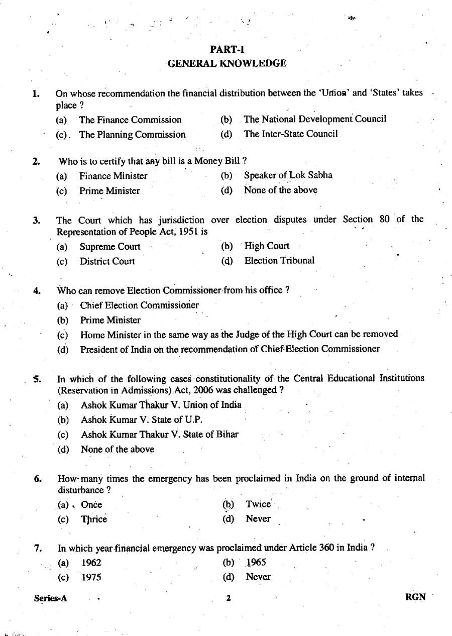 Uttarakhand Judicial Service Civil Judge 2009 General Knowledge & Law question paper page 1 instructions scan PDF download UKPSC