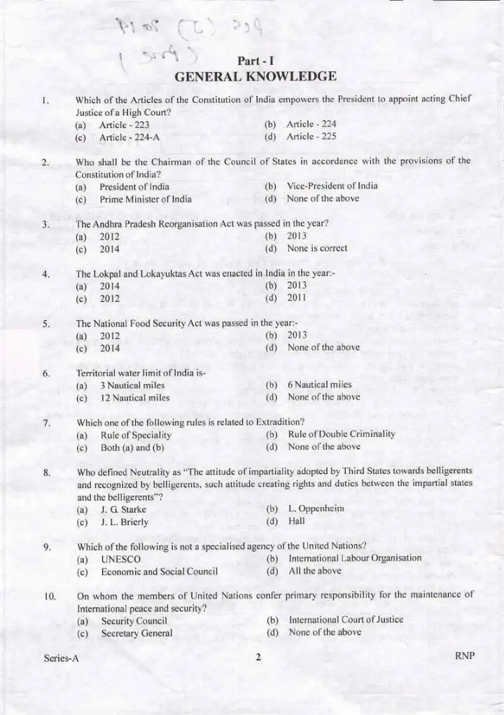 UKPSC PCS J 2014 Preliminary General Knowledge and Law question paper page 1 instructions scan PDF download
