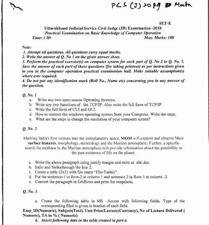 Uttarakhand Judicial Service JD 2018 Practical page 1 instructions scan, header, exam details
