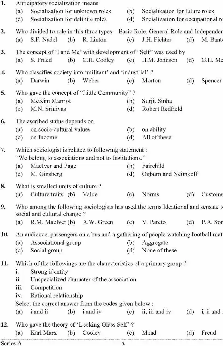 UKPSC Lecturer Sociology Question Paper 2021 Set-A page 1 objective questions scan PDF download Uttarakhand Special Subordinate Education Lecturer Group C Services Examination