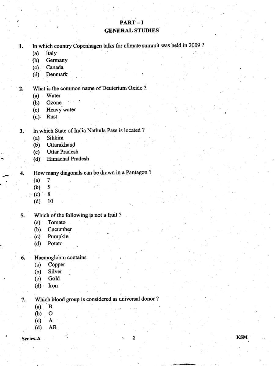 UKPSC Lecturer General Studies & Teaching Aptitude 2009 question paper page 1 instructions scan PDF download. Contains exam header, series code KSM-A, and important instructions in Hindi and English.