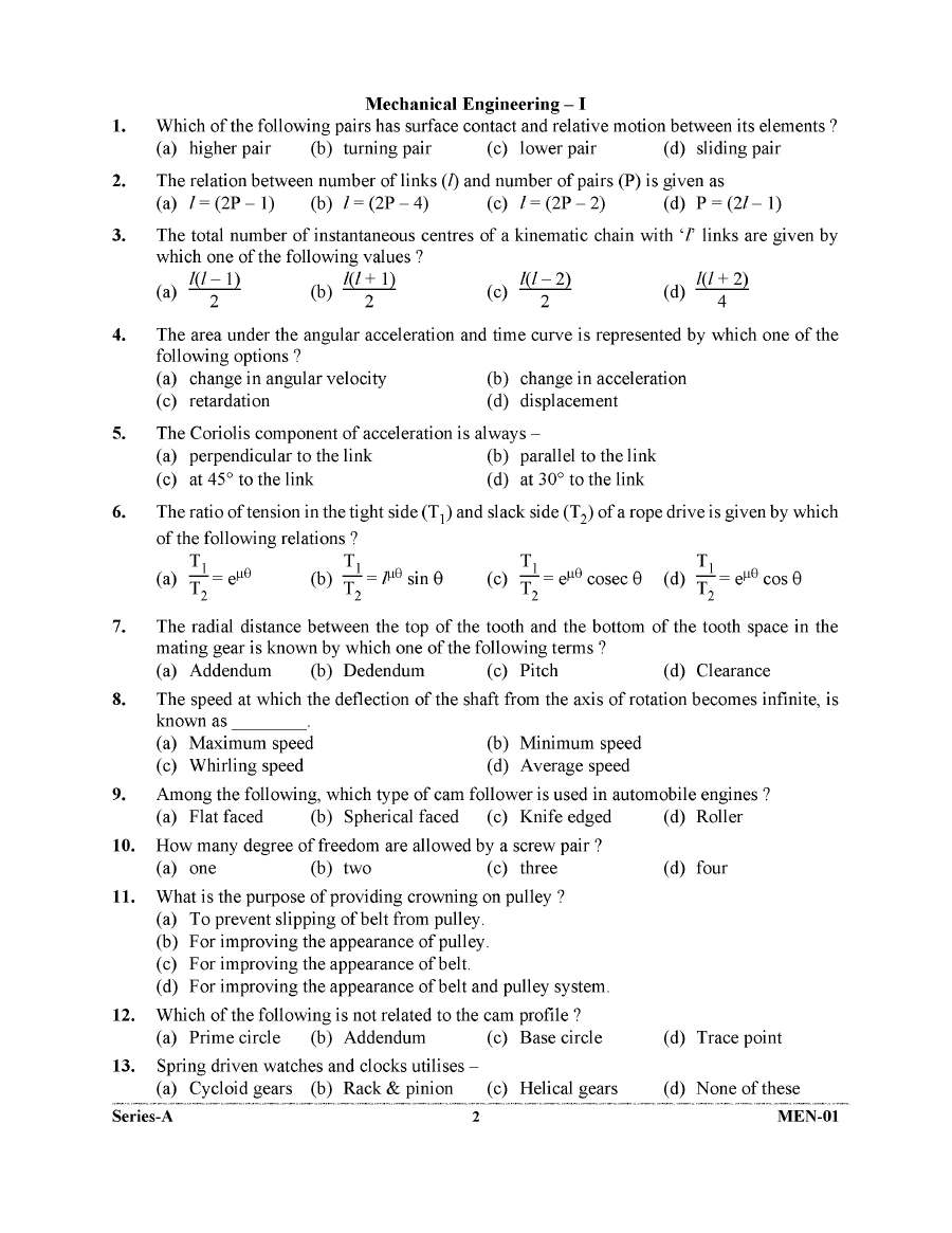 UKPSC Mechanical Eng Paper-I 2023 MCQs — page 1 instructions scan PDF download