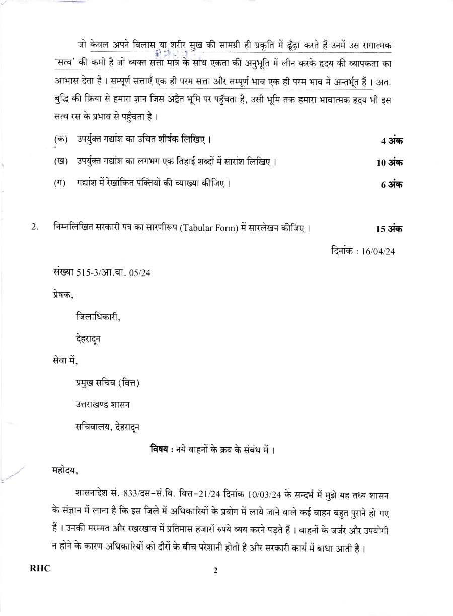 Hindi Composition Second Paper page 1 instructions scan 2025 Uttarakhand UKPSC